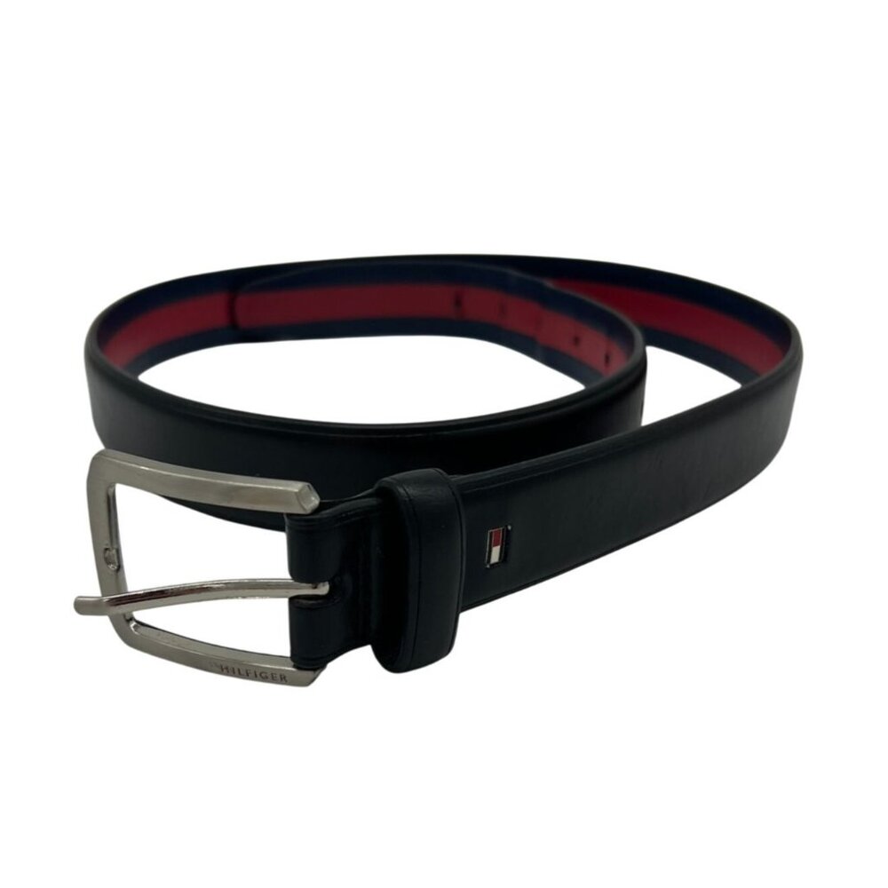 Tommy Hilfiger Mens Leather Reversible Buckle Belt Black Striped Classic Luxury